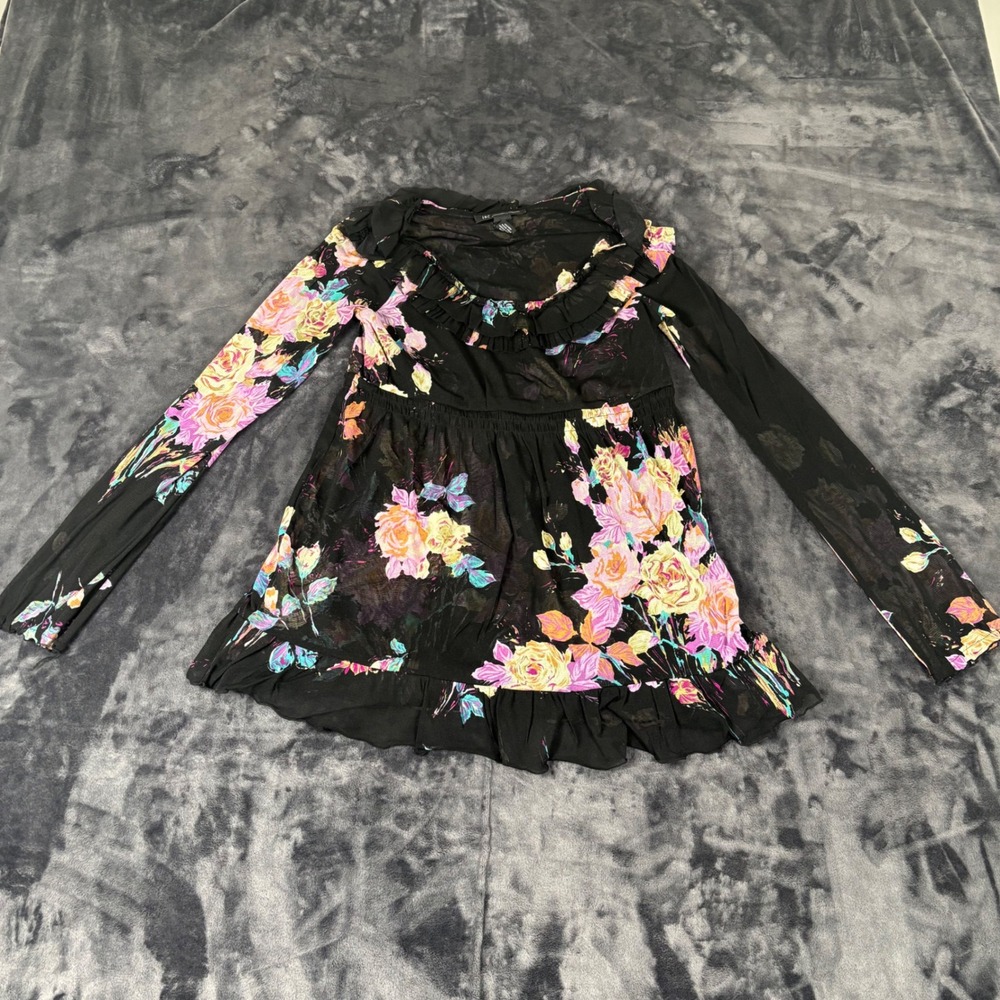 INC Floral Mesh Top Womens Small Black Ruffle Peplum Blouse Long Sleeve